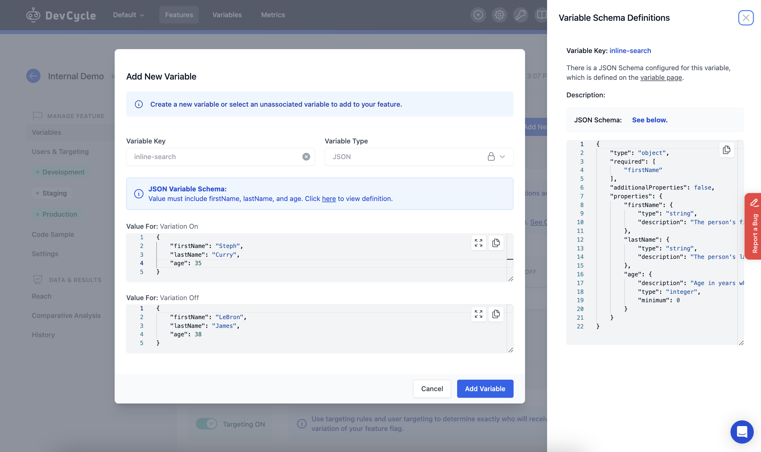 Add New Variable JSON Schema Selected